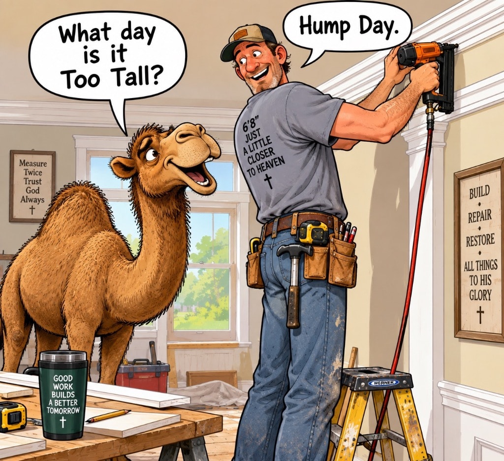 Humorous cartoon — tall contractor asks camel what day it is, camel says Hump Day