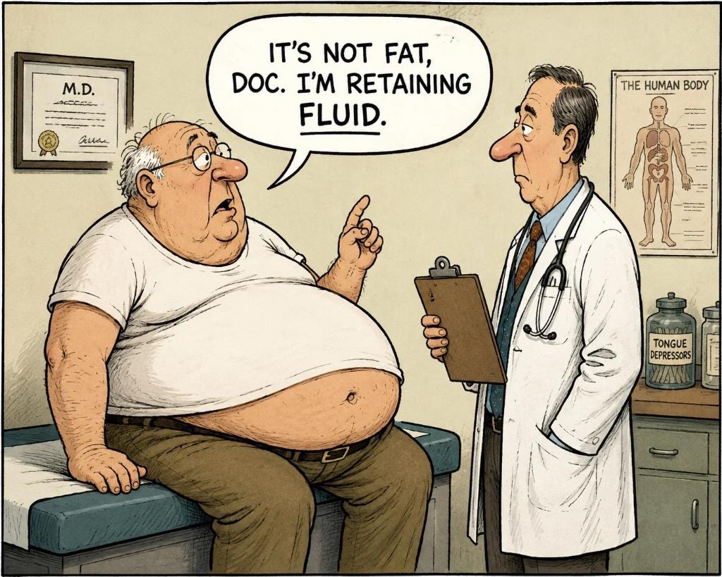 Humorous doctor cartoon — it's not fat, I'm retaining fluid